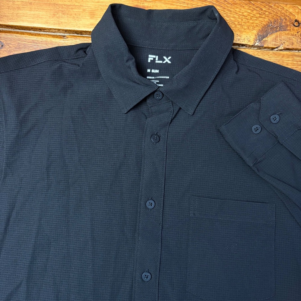 FLX Button Down Shirt Mens Medium Slim Black Urban Commuter Performance Long Slv